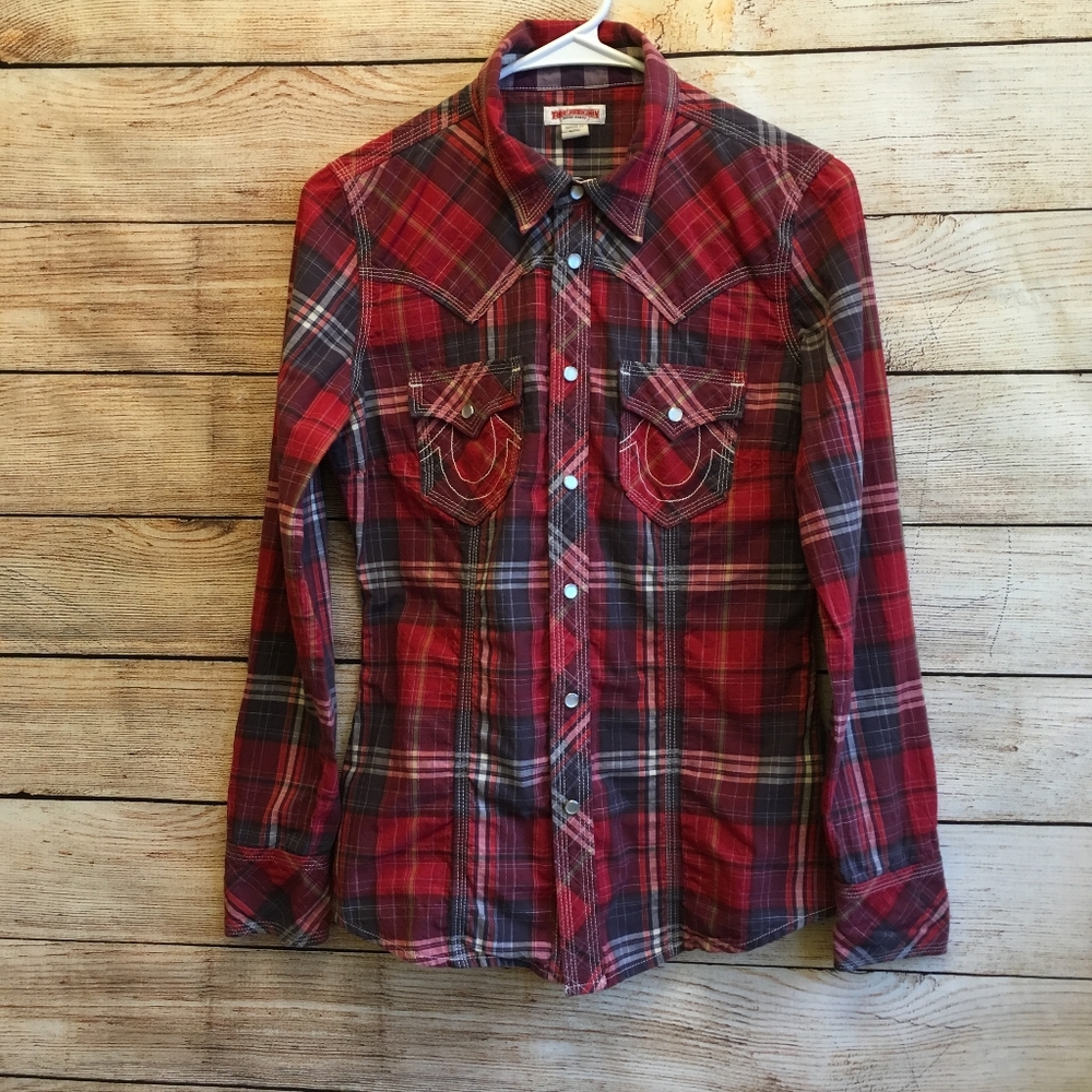 TRUE RELIGION PLAID WESTERN SHIRT W/PEARL SNAPS